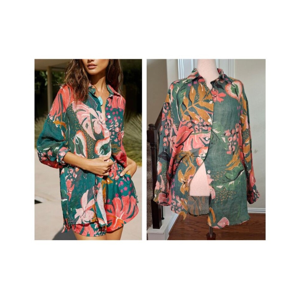 Vitamin A 100% Linen Floral Tropical Button Down Blouse Shirt Large Vacation